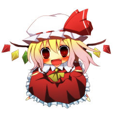 Rule 34 | 1girl, bad id, bad pixiv id, blonde hair, blush, chibi, dress, embodiment of scarlet devil, fang, female focus, flandre scarlet, full body, hat, lowres, open mouth, pasutel, red dress, red eyes, side ponytail, simple background, smile, solo, touhou, white background, wings