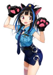 Rule 34 | 1girl, animal ear fluff, animal ears, animal hands, arms up, belt, black gloves, black hair, blue hat, blue necktie, blue shirt, blue skirt, blush, cat ears, claw pose, cuffs, fake animal ears, fang, gloves, hat, highres, leaning forward, long hair, miniskirt, miyajima reiji, multicolored hair, necktie, open mouth, original, paw gloves, police, police uniform, policewoman, red eyes, shirt, short sleeves, simple background, skirt, smile, solo, streaked hair, thighs, uniform, white background
