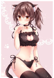 Rule 34 | 10s, 1girl, animal ears, bell, black bra, black panties, black ribbon, black thighhighs, bra, breasts, brown eyes, brown hair, cat cutout, cat ear panties, cat ears, cat lingerie, cat tail, cleavage, cleavage cutout, clothing cutout, collarbone, eyebrows, frown, groin, head tilt, jingle bell, kaga (kancolle), kantai collection, kemonomimi mode, lingerie, looking at viewer, medium breasts, meme attire, navel, nogi takayoshi, orange eyes, panties, paw pose, ponytail, red background, ribbon, short hair, side-tie panties, side ponytail, simple background, sitting, solo, tail, thighhighs, underwear, underwear only, wavy mouth
