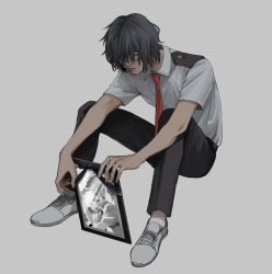 Rule 34 | 1boy, bags under eyes, black hair, black pants, boku no hero academia, closed mouth, collared shirt, eraser head (boku no hero academia), facial hair, goatee, grey background, highres, holding, holding photo, iei, looking at viewer, loud cloud, male focus, messy hair, necktie, pants, photo (object), red necktie, rnuyvm, school uniform, shirt, short hair, simple background, sitting, socks, solo, spoilers, u.a. school uniform, white footwear, white shirt, white socks