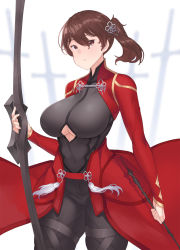 Rule 34 | 1girl, archer (fate), archer (fate) (cosplay), blurry, bow (weapon), breasts, brown eyes, brown hair, cleavage, cleavage cutout, clothing cutout, cosplay, cowboy shot, curvy, depth of field, fate (series), franham, hair between eyes, highres, holding, holding bow (weapon), holding weapon, kaga (kancolle), kantai collection, large breasts, parted bangs, side ponytail, simple background, skin tight, solo, standing, thigh strap, thighs, waist cape, weapon, white background, wide hips