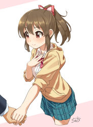 Rule 34 | 1boy, 1girl, blush, bow, bowtie, brown hair, collared shirt, commentary, cowboy shot, cropped legs, hair bow, hand on own chest, high ponytail, holding hands, hood, hood down, hoodie, hori yuko, idolmaster, idolmaster cinderella girls, light smile, long hair, out of frame, plaid, plaid skirt, pleated skirt, ponytail, producer (idolmaster), red eyes, shirt, signature, skirt, sleeves rolled up, solo focus, striped bow, striped bowtie, striped clothes, striped neckwear, sweatdrop, two-tone background, tyuga, white shirt