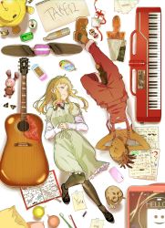 Rule 34 | 2girls, acoustic guitar, animal, ankle strap, armpits, arms up, bird, black footwear, black neckwear, blonde hair, blue eyes, boots, bottle, box, breasts, brown footwear, brown hair, buttons, can, carole &amp; tuesday, carole stanley, cellphone, closed eyes, closed mouth, coffee mug, collared dress, commentary request, cross-laced footwear, cup, dark-skinned female, dark skin, dress, drink, drink can, earrings, ela (lilyvalley8), english text, facing viewer, flower, food, freckles, frilled dress, frills, from above, full body, gift, gift box, green dress, green ribbon, guitar, half-closed eyes, hands on own stomach, head rest, high ponytail, highres, hoop earrings, instrument, jewelry, juliet sleeves, keyboard (instrument), light smile, lips, lolita fashion, long sleeves, looking at another, looking down, lying, mechanical pencil, mug, multiple girls, newspaper, notebook, on back, on ground, overalls, owl, own hands together, pantyhose, paper, parted lips, pen, pencil, phone, pillow, plectrum, ponytail, puffy sleeves, red flower, red rose, ribbon, rose, rotational symmetry, shadow, simple background, skateboard, sleeves past wrists, small breasts, smartphone, snow globe, soda can, strapless, stuffed animal, stuffed rabbit, stuffed toy, suitcase, toothbrush, tuesday simmons, very dark skin, white background, ziggy (carole &amp; tuesday)