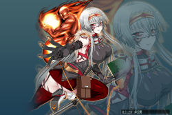 Rule 34 | 1girl, ass, boots, breasts, dmm, elbow gloves, fire, garter straps, glasses, gloves, grey hair, large breasts, legs, long hair, looking at viewer, magic, makeup, monster, red eyes, simple background, skirt, smile, standing, tattoo, thighhighs, thighs