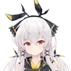 Rule 34 | 1girl, arknights, bare shoulders, black ribbon, closed mouth, expressionless, exusiai dust, grey background, grey hair, hair ornament, hairband, long hair, low-tied long hair, red eyes, ribbon, sidelocks, simple background, solo, upper body, weedy (arknights)