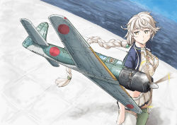 Rule 34 | 10s, 2girls, :o, aircraft, airplane, arms at sides, braid, cleavage cutout, clothing cutout, cloud print, crop top, dock, fairy (kancolle), hair ornament, japanese flag, jitome, kantai collection, long hair, looking at another, looking up, midriff, mini person, minigirl, miniskirt, multiple girls, nakajima c6n, ocean, onmyouji, outdoors, parted lips, perspective, silver hair, single braid, skirt, tenzan (kancolle), unryuu (kancolle), vehicle focus, vent arbre, very long hair