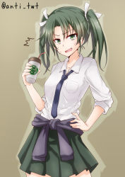 Rule 34 | 10s, 1girl, alternate costume, anti (untea9), brown background, clothes around waist, coffee cup, cup, disposable cup, drinking straw, error musume, furrowed brow, green hair, highres, kantai collection, necktie, open mouth, school uniform, shirt, simple background, skirt, sleeves pushed up, solo, ^^^, sweat, sweater, sweater around waist, twintails, twitter username, white shirt, zuikaku (kancolle)
