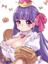 Rule 34 | 1girl, absurdres, alternate costume, blush, bow, bowtie, breasts, cleavage, collar, cosplay, crown, dress, fate/extra, fate/extra ccc, fate (series), frilled collar, frilled dress, frills, furrowed brow, gauntlets, hair ribbon, halloween, hat, highres, huge breasts, jewelry, long hair, necklace, passionlip (fate), pink eyes, pink ribbon, pout, princess king boo, princess king boo (cosplay), puffy sleeves, pumpkin, purple hair, ribbon, short sleeves, simple background, solo, soramame pikuto, striped, striped bow, super crown, sweatdrop, two side up, upper body, white background, white collar, white dress