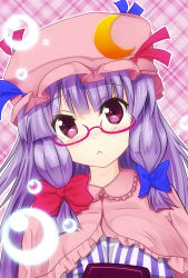 Rule 34 | 1girl, :&lt;, bespectacled, bubble, crescent, female focus, glasses, hat, patchouli knowledge, purple eyes, purple hair, solo, touhou, yasuhito