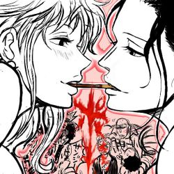 Rule 34 | 2girls, 5boys, black hair, blood, brook (one piece), eye contact, food, franky (one piece), half-closed eyes, jaggy lines, limited palette, looking at another, lowres, multiple boys, multiple girls, nami (one piece), nico robin, nosebleed, one piece, outline, pocky, profile, roronoa zoro, sanji (one piece), tareme, tsurime, usopp, yuri