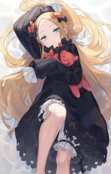 Rule 34 | 1girl, abigail williams (fate), black bow, black dress, black hat, blonde hair, bloomers, blue eyes, bow, breasts, chorefuji, dress, fate/grand order, fate (series), forehead, hair bow, hat, highres, long hair, multiple hair bows, orange bow, parted bangs, polka dot, polka dot bow, ribbed dress, sleeves past fingers, sleeves past wrists, small breasts, stuffed animal, stuffed toy, teddy bear, underwear, white bloomers