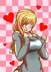 Rule 34 | 1girl, :p, absurdres, bare shoulders, birdsong, blonde hair, blush, breasts, casual, checkered background, hair over eyes, heart, highres, large breasts, naughty face, rachael foley, resident evil, resident evil: revelations, sleeves past wrists, solo, sweater, tongue, tongue out