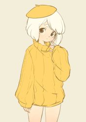 Rule 34 | 1girl, beret, borrowed character, brown eyes, cowboy shot, egg (lemyawn), hat, horsefeathers, humanization, long sleeves, looking at viewer, medium hair, orange sweater, original, simple background, sleeves past wrists, solo, sweater, tan background, white hair, yellow hat