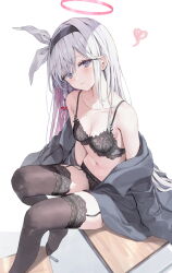 Rule 34 | 1girl, aged up, alternate breast size, black bra, black coat, black hairband, black panties, black thighhighs, blue archive, blush, bra, braid, breasts, cleavage, closed mouth, coat, collarbone, colored inner hair, garter straps, grey eyes, grey hair, hairband, halo, heart, highres, huwari (dnwls3010), long hair, long sleeves, looking at viewer, multicolored hair, navel, open clothes, open coat, panties, pink hair, plana (blue archive), red halo, simple background, single braid, small breasts, solo, thighhighs, thighs, underwear, white background