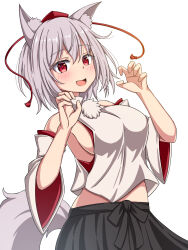 Rule 34 | 1girl, :d, animal ear fluff, animal ears, black skirt, blush, breasts, claw pose, commentary, cowboy shot, detached sleeves, fang, grey hair, grey shirt, grey sleeves, grey tail, hair between eyes, hands up, hat, highres, inubashiri momiji, large breasts, looking at viewer, midriff peek, open mouth, pom pom (clothes), red eyes, rimasu71, shirt, short hair, sideboob, simple background, skirt, sleeveless, sleeveless shirt, smile, solo, split mouth, standing, tail, tokin hat, touhou, turtleneck, turtleneck shirt, white background, wide sleeves