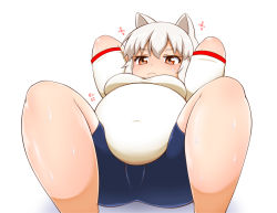 Rule 34 | &gt;:(, &gt;:t, 1girl, :t, abdominal stretch, animal ears, annoyed, belly, bike shorts, body blush, breasts, covered navel, exercising, fat, female focus, frown, hitotsubashi inari, inubashiri momiji, large breasts, obese, pout, red eyes, silver hair, simple background, sit-up, solo, sweat, nervous sweating, touhou, v-shaped eyebrows, white background, wolf ears