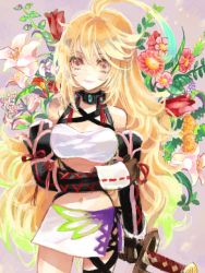 Rule 34 | 1girl, ahoge, bad id, bad pixiv id, blonde hair, breasts, brown eyes, choker, elbow gloves, flower, gloves, green hair, j-peg, lily (flower), long hair, microskirt, midriff, milla maxwell, multicolored hair, print skirt, shirt, side slit, sketch, skirt, smile, solo, strapless, sword, tales of (series), tales of xillia, taut clothes, taut shirt, tube top, two-tone hair, weapon, white skirt