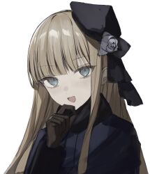 Rule 34 | 1girl, :d, black headwear, blonde hair, brown gloves, fate (series), fur collar, gloves, green eyes, grey flower, hand up, highres, long hair, long sleeves, lord el-melloi ii case files, open mouth, portrait, reines el-melloi archisorte, simple background, smile, solo, tamitami, tilted headwear, upper body, white background