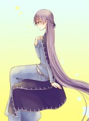 Rule 34 | 1girl, absurdly long hair, belly chain, blue dress, cloak, dress, fire emblem, fire emblem: the binding blade, from side, gradient background, hand on own chest, jewelry, long hair, nintendo, purple eyes, purple hair, serina ranshi, simple background, sitting, smile, solo, sophia (fire emblem), very long hair