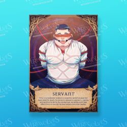 Rule 34 | 1boy, arms behind back, bara, blush, bondage under clothes, card (medium), daisukebear, english text, facial hair, facing viewer, fat, fat man, feet out of frame, goatee stubble, highres, large pectorals, male focus, original, pants, pectorals, sample watermark, see-through, shirt, short hair, sideburns, solo, spread legs, stubble, sweat, sweaty clothes, thick eyebrows, tongue, tongue out, underbust, undercut, watermark, werewolves of millers hollow, wet, wet clothes, wet shirt