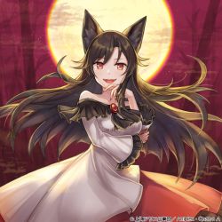 Rule 34 | 1girl, :d, animal ears, bare shoulders, breasts, brown hair, collarbone, commentary request, cowboy shot, dress, fangs, frilled sleeves, frills, full moon, hand up, imaizumi kagerou, long hair, long sleeves, looking at viewer, medium breasts, midori miyako, moon, nail polish, night, night sky, off-shoulder dress, off shoulder, open mouth, outdoors, red eyes, red nails, red sky, sky, smile, solo, standing, touhou, touhou cannonball, white dress, wide sleeves, wolf ears