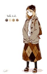 Rule 34 | 1girl, akagi shun, backpack, bad id, bad twitter id, bag, beanie, black legwear, blonde hair, blush, brown eyes, closed mouth, color guide, commentary request, dated, freckles, full body, grey jacket, hat, jacket, limited palette, long sleeves, original, shirt, shoes, signature, simple background, skirt, solo, white background, white shirt