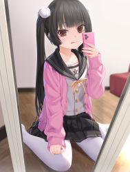 Rule 34 | 1girl, :p, black hair, black sailor collar, black skirt, blurry, blurry background, brown eyes, cardigan, cellphone, closed mouth, commentary, depth of field, highres, holding, holding phone, long hair, looking at viewer, mirror, neck ribbon, no shoes, open cardigan, open clothes, original, pantyhose, phone, pink cardigan, pleated skirt, reflection, ribbon, sailor collar, school uniform, serafuku, shirt, skirt, sleeves past wrists, smile, solo, symbol-only commentary, tongue, tongue out, twintails, uneven eyes, very long hair, white pantyhose, white ph, white shirt, wooden floor, yellow ribbon