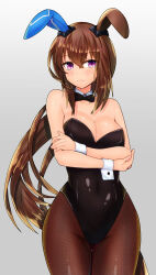 Rule 34 | 1girl, absurdres, admire vega (umamusume), alternate costume, animal ears, black bow, black bowtie, black leotard, blush, bow, bowtie, breasts, brown hair, cleavage, commentary request, covered navel, detached collar, ear covers, ears down, gradient background, hair between eyes, highleg, highleg leotard, highres, horse ears, horse girl, horse tail, leotard, long hair, looking at viewer, m172/minatsu, medium breasts, nontraditional playboy bunny, ponytail, purple eyes, single ear cover, solo, strapless, strapless leotard, tail, umamusume, wrist cuffs