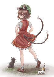 Rule 34 | 1girl, absurdres, animal, animal ears, blush, brown eyes, brown footwear, brown hair, cat, cat ears, cat tail, chen, closed mouth, dress, earrings, frilled dress, frills, full body, green hat, hair between eyes, hands on own hips, hat, highres, jewelry, mob cap, multiple tails, red dress, shoes, short hair, short sleeves, single earring, smug, socks, solo, standing, tail, touhou, tsubakipan, two tails, white socks