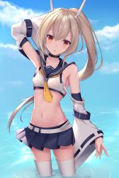 Rule 34 | 1girl, :o, arm at side, arm up, armpits, ayanami (azur lane), azur lane, bare shoulders, belt, blonde hair, blouse, blue sailor collar, blue skirt, blue sky, blush, breasts, buckle, cloud, collar, crop top, day, detached sleeves, headgear, highres, karin (fineyanny), long hair, long sleeves, looking at viewer, miniskirt, navel, neckerchief, outdoors, parted lips, pleated skirt, ponytail, red eyes, ripples, sailor collar, shirt, sidelocks, skirt, sky, small breasts, solo, stomach, thighhighs, wading, water, white shirt, white thighhighs, yellow neckerchief, zettai ryouiki