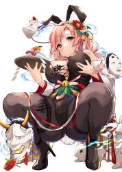 Rule 34 | 1girl, absurdres, animal ears, bell, black footwear, black leotard, black pantyhose, breasts, cleavage, closed mouth, commentary request, cross-laced clothes, from below, hair ornament, hata no kokoro, high heels, highres, hira-san, jingle bell, kagami mochi, large breasts, leotard, long hair, looking at viewer, new year, noh mask, pantyhose, pink eyes, pink hair, playboy bunny, rabbit, rabbit ears, squatting, touhou