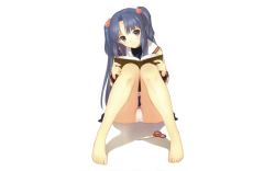 Rule 34 | 00s, 1girl, artist request, barefoot, blue hair, blush, book, cameltoe, clannad, closed mouth, feet, female focus, ichinose kotomi, knees together feet apart, long sleeves, looking at viewer, panties, purple eyes, school uniform, scissors, serafuku, shadow, simple background, sitting, solo, twintails, underwear, white background