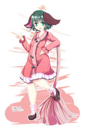 Rule 34 | 1girl, :o, animal ears, bamboo broom, blush, breasts, broom, dog ears, dress, full body, furim, green eyes, green hair, hand on own hip, highres, index finger raised, kasodani kyouko, leaning on broom, looking at viewer, matching hair/eyes, open mouth, shoes, short hair, small breasts, socks, solo, standing, standing on one leg, touhou, wide hips