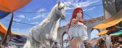 Rule 34 | 1girl, bird, breasts, cloud, commentary request, cowboy shot, crop top, crop top overhang, highres, horse, large breasts, long hair, looking to the side, market, mouth veil, navel, orange eyes, original, pelvic curtain, people, red hair, sky, solo focus, thighs, unicorn, veil, watermark, web address, white horse, ydiya