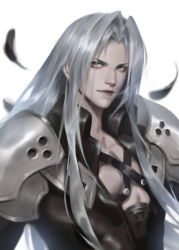 Rule 34 | 1boy, absurdres, armor, bare pectorals, black feathers, closed mouth, falling feathers, feathers, final fantasy, final fantasy vii, green eyes, grey hair, highres, long hair, male focus, pauldrons, pectorals, platinalsh, sephiroth, shoulder armor, simple background, solo, upper body, white background