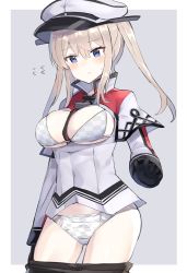 Rule 34 | 1girl, bad id, bad pixiv id, between breasts, black gloves, black pantyhose, blonde hair, border, bra, breasts, capelet, celtic knot, checkered bra, checkered clothes, checkered panties, clothes pull, cowboy shot, fake transparency, gloves, graf zeppelin (kancolle), grey background, grey eyes, hair between eyes, hat, highres, kantai collection, large breasts, meme, military, military hat, military uniform, necktie, necktie between breasts, no pants, nonon (xenonbot), open mouth, panties, pantyhose, pantyhose pull, peaked cap, sidelocks, solo, standing, twintails, two-tone background, underwear, uniform, white border