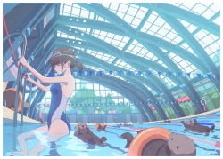 Rule 34 | 1girl, artist name, blunt bangs, breasts, brown hair, closed eyes, competition swimsuit, day, goggles, goggles on head, highres, indoors, innertube, ladder, lane line, one-piece swimsuit, original, otter, pool, short hair, small breasts, string of flags, swim ring, swimming, swimsuit, vivid507, water