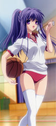 Rule 34 | 00s, 1girl, absurdres, artist request, ball, basketball, basketball (object), buruma, clannad, fujibayashi kyou, gym uniform, highres, long hair, long image, non-web source, ponytail, poster (medium), purple eyes, purple hair, solo, stick poster, tall image, thighhighs, whistle