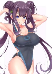 Rule 34 | 1girl, armpits, arms behind head, arms up, bare shoulders, black one-piece swimsuit, blue eyes, blue one-piece swimsuit, blunt bangs, blush, breasts, cleavage, closed mouth, collarbone, covered navel, double bun, fate/grand order, fate (series), hair bun, hair ornament, highleg, highleg swimsuit, highres, large breasts, leaf hair ornament, licking lips, long hair, looking at viewer, one-piece swimsuit, purple hair, sankakusui, sidelocks, smile, solo, swimsuit, thighs, tongue, tongue out, twintails, two-tone swimsuit, very long hair, yang guifei (fate), yang guifei (first ascension) (fate)