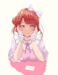 Rule 34 | 1girl, absurdres, artist name, artist request, back bow, blush, bow, bowtie, braid, braided bun, breasts, card, dream with you (love live!), dress, female focus, green eyes, hair bow, hair bun, hair ornament, hairclip, hands on own cheeks, hands on own face, highres, jewelry, looking at viewer, love live!, love live! nijigasaki high school idol club, love live! school idol festival, namazu (yamasonson), necklace, orange hair, parted lips, pearl necklace, pink bow, pink bowtie, pink dress, pink wrist cuffs, puffy short sleeves, puffy sleeves, red hair, short hair, short sleeves, side bun, single hair bun, smile, solo, star (symbol), star hair ornament, uehara ayumu, upper body, white background, white bow, wrist cuffs, yellow eyes