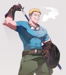 Rule 34 | 1boy, arm behind head, belt, blonde hair, blue eyes, blue shirt, cid highwind, cigarette, clenched teeth, dog tags, facial hair, final fantasy, final fantasy vii, gloves, goggles, goggles around neck, green pants, grey background, highres, holding, holding clothes, holding jacket, holding polearm, holding weapon, jacket, looking at viewer, male focus, mature male, muscular, muscular male, over shoulder, pants, peonrin, polearm, shirt, short hair, short sleeves, smoke, smoking, solo, stubble, t-shirt, teeth, upper body, weapon, weapon over shoulder