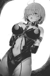 Rule 34 | 1girl, arms behind back, bare shoulders, bdsm, blush, bondage, bound, breasts, cleavage, cleavage cutout, clothing cutout, collar, elbow gloves, fate/grand order, fate (series), gloves, greyscale, hair over one eye, harness, highleg, highleg leotard, highres, large breasts, leash, leotard, looking at viewer, mash kyrielight, monochrome, navel, navel cutout, open mouth, short hair, slave, solo, sumisu (mondo)