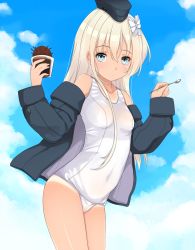 Rule 34 | 10s, 1girl, black jacket, blonde hair, blue eyes, cloud, covered navel, cowboy shot, day, flat chest, food, garrison cap, hair ribbon, hat, highres, ice cream, jacket, kantai collection, kiyomin, long hair, looking at viewer, one-piece swimsuit, one-piece tan, ribbon, school swimsuit, sky, solo, spoon, swimsuit, swimsuit under clothes, tan, tanline, u-511 (kancolle), white one-piece swimsuit, white school swimsuit