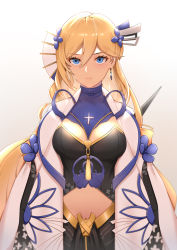 Rule 34 | 1girl, absurdres, bianka durandal ataegina, bianka durandal ataegina (valkyrie gloria), blonde hair, blue eyes, breasts, chinese clothes, cleavage, closed mouth, earrings, hair between eyes, hair ornament, highres, holding, holding polearm, holding spear, holding weapon, honkai (series), honkai impact 3rd, jewelry, large breasts, long hair, looking at viewer, polearm, simple background, solo, spear, weapon, white background, zhourues