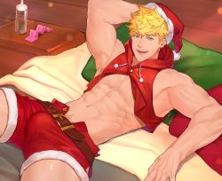 Rule 34 | 1boy, abs, absurdres, alternate costume, armpits, bara, bare arms, bare pectorals, bare shoulders, blonde hair, bulge, christmas, fur-trimmed legwear, fur trim, granblue fantasy, green eyes, hat, highres, hood, hoodie, large bulge, leather belt, lying, male focus, muscular, muscular male, navel, on back, paid reward available, pectorals, red hoodie, red shorts, santa costume, santa hat, short hair, shorts, sideburns, sidepec, sleeveless, sleeveless hoodie, solo, spread legs, stomach, thick thighs, thighs, vane (granblue fantasy), zhineart