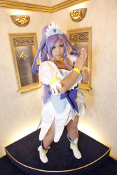 Rule 34 | 1girl, ankle boots, asian, blue eyes, blue hair, boots, bow, bracelet, breasts, choker, chouzuki maryou, cosplay, cure diamond, cure diamond (cosplay), dokidoki! precure, dress, headpiece, highres, jewelry, large breasts, long hair, magical girl, matching hair/eyes, own hands together, photo (medium), plump, ponytail, precure, puffy short sleeves, puffy sleeves, ribbon, short sleeves, solo, tiara