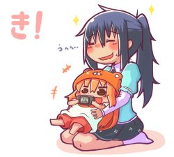 Rule 34 | 10s, 2girls, :d, blonde hair, casual, chibi, doma umaru, closed eyes, hamster costume, handheld game console, hekoningyou (waraningyou), himouto! umaru-chan, hood, komaru (himouto! umaru-chan), long hair, motoba kirie, multiple girls, on lap, open mouth, playstation portable, ponytail, purple hair, simple background, smile, white background