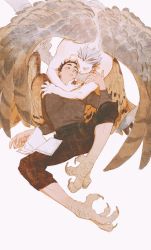 Rule 34 | 2boys, absurdres, akaashi keiji, bird boy, bird legs, black hair, black pants, bokuto koutarou, book, chengongzi123, couple, face-to-face, feathered wings, grey wings, haikyuu!!, highres, hug, hug from behind, leaning back, leaning forward, long sleeves, looking at another, male focus, multicolored hair, multiple boys, open book, owl wings, pants, parted lips, reclining, short hair, simple background, smile, spiked hair, streaked hair, talons, topless male, two-tone hair, white background, white hair, wings, yaoi