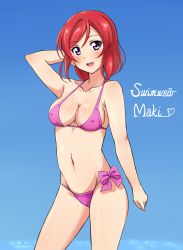 Rule 34 | 10s, 1girl, :d, arm behind back, bikini, blue background, blush, breasts, cameltoe, covered erect nipples, gradient background, highres, looking at viewer, love live!, love live! school idol project, medium breasts, nishikino maki, open mouth, purple bikini, purple eyes, red hair, short hair, simple background, smile, solo, standing, swimsuit, turkey min