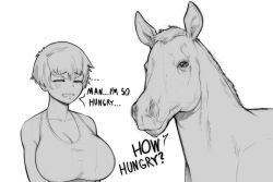 Rule 34 | 1girl, animal, breasts, cleavage, closed eyes, collarbone, commentary, english commentary, english text, hatching (texture), horse, how hungry... (meme), hungry, large breasts, meme, original, short hair, simple background, sketch, speedl00ver, talking animal, tank top, white background